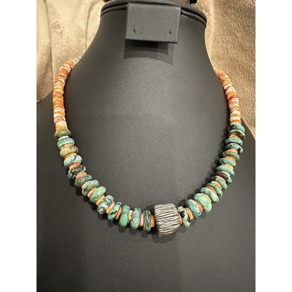 Sterling Silver Turquoise Spiny Oyster Beaded Disc Statement Necklace 20”